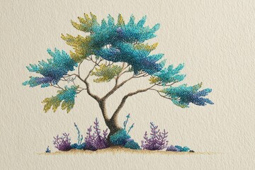 Abstract Tree with Textured Leaves and Beige Background