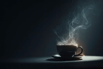 Steaming cup of coffee, dark, dramatic lighting, beverage concept.