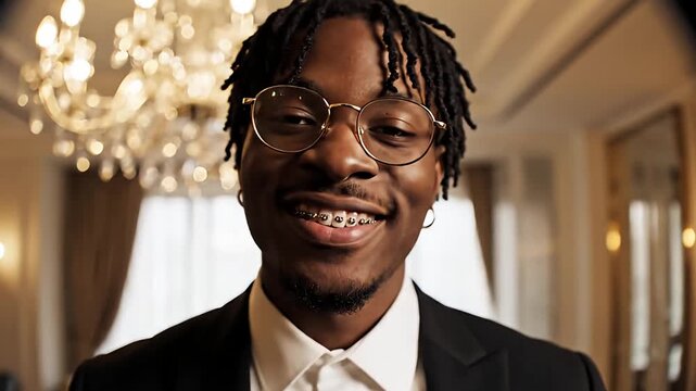 Stylish African American Man in Suit Showing Dental Braces in Luxury Setting
