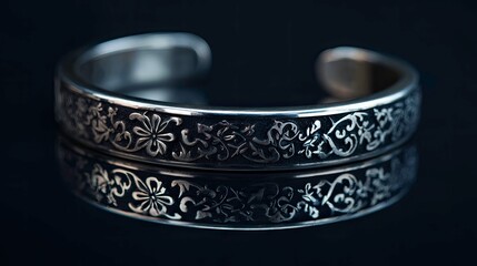 Elegant Silver Bracelet, Floral Design, Reflected on Black Surface