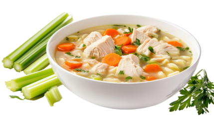 Chicken noodle soup with chicken pieces noodles carrots and celery on transparent background