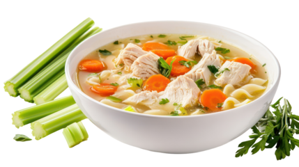 Chicken noodle soup with chicken pieces noodles carrots and celery on transparent background