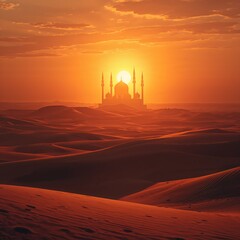 Fototapeta premium A majestic mosque silhouette stands against a fiery orange sunset over vast desert sand dunes, creating a serene and spiritual landscape.