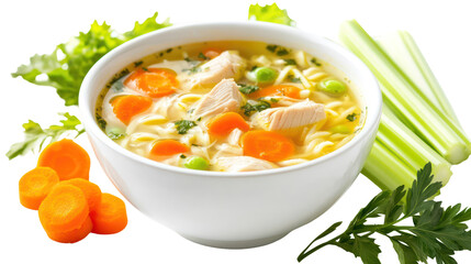 Chicken noodle soup with chicken pieces noodles carrots and celery on transparent background