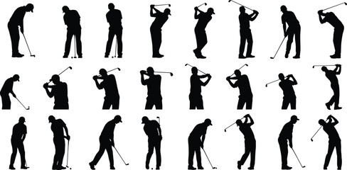 Silhouettes of Golfer Swinging, Various Golf Stances, Golf Club, Sports Action, Dynamic Golf Movement Illustration for Sport Design and Marketing