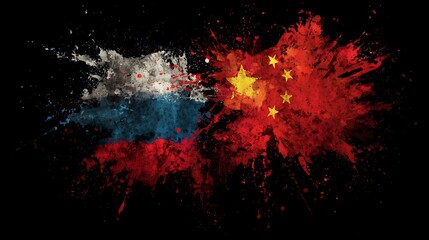 Artistic depiction combining the flags of Russia and China in a splash effect on black background
