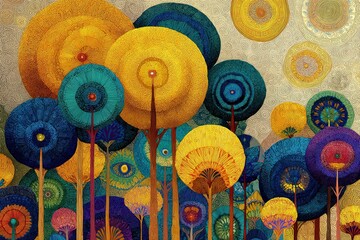 Abstract illustration of colorful stylized trees and nature scene.