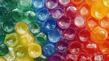 Vibrant close-up view of colorful plastic party plates stacked together and wrapped tightly in clear protective shrink film creating an abstract textural background pattern.