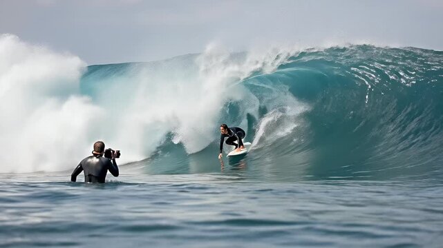 Surfer Rides Crashing Blue Ocean Wave Cinematic Footage