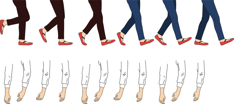 Walking character animation set with leg and arm movement sequences showing step cycle poses isolated flat vector