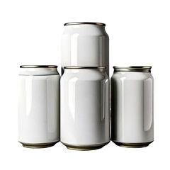 Four white aluminum beverage cans stacked on black
