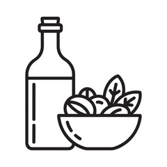 Olive oil bottle and bowl of olives a simple mediterranean food illustration