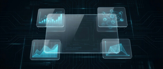 Futuristic digital interface displaying charts and network diagrams on a dark background with circuit board patterns.