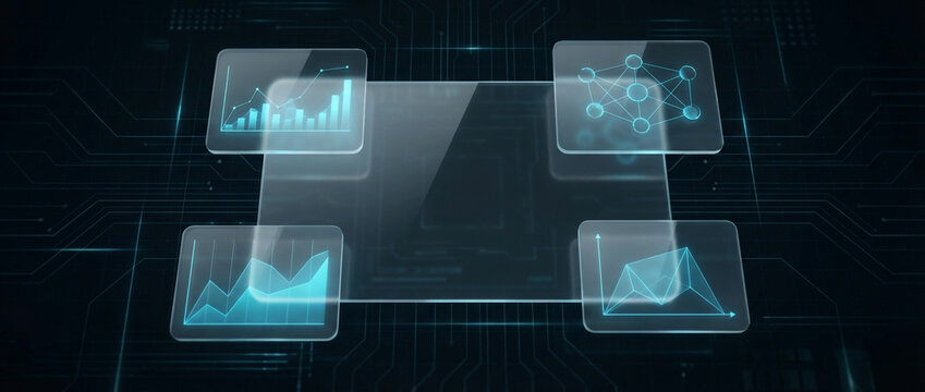 Futuristic digital interface displaying charts and network diagrams on a dark background with circuit board patterns. - Powered by Adobe
