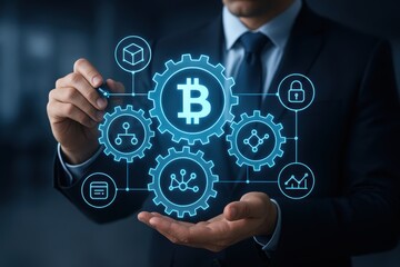 Digital Bitcoin Vision: A sharply dressed figure conjures an image of a Bitcoin-centric technological landscape, embodying the future of financial innovation. 