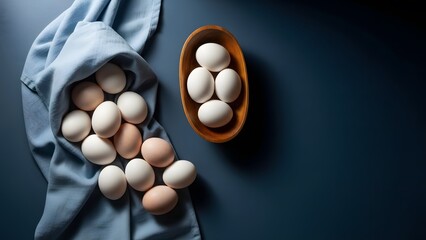 Eggs in a blue cloth and wooden bowl on dark background