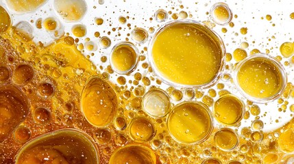 Close-up macro abstract of colorful liquids, bubbles, shapes, and textures against white background