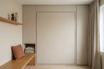 Minimal bedroom wardrobe wall with bench seat and soft daylight