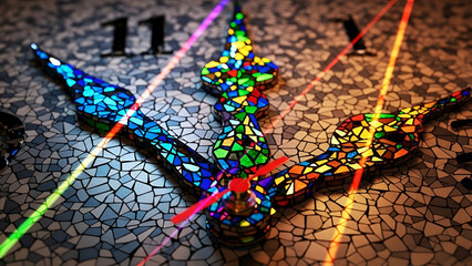 Abstract, vibrant clock face with mosaic details and striking light effects