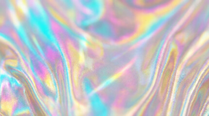 A shimmering, iridescent holographic background with soft, flowing waves of pastel and bright colors creating a dreamy, ethereal texture.