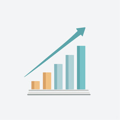 Rising bar graph with upward arrow indicates growth in business and finance