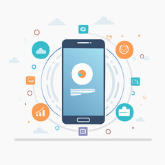 Smartphone surrounded by icons representing technology and digital concepts