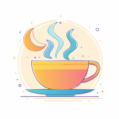 Steaming cup of coffee illustration with moon background and modern vector design