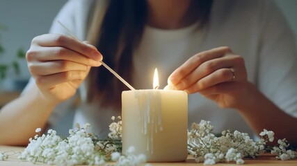 Hands lighting candles, symbolizing focus and relaxation in a meditative setting.