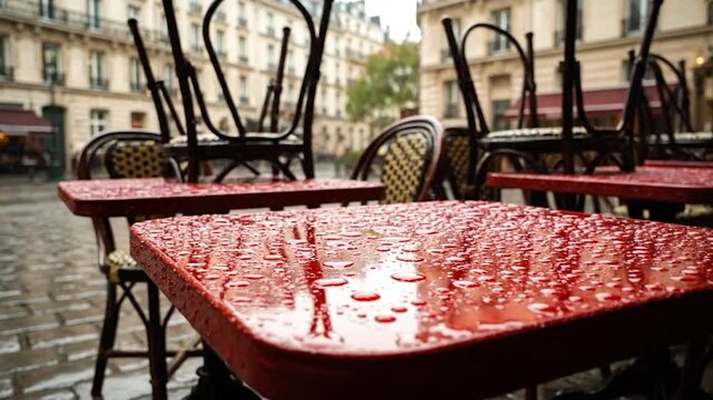 Rain-covered red cafe tables and chairs in an outdoor setting, blurred backdrop of buildings