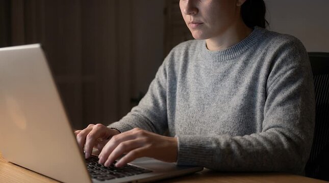 Woman working on laptop in low light environment