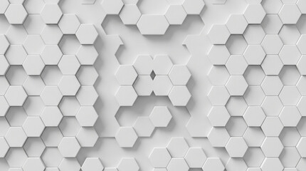 Abstract white hexagonal pattern with raised 3D elements creating a modern and clean geometric background texture.