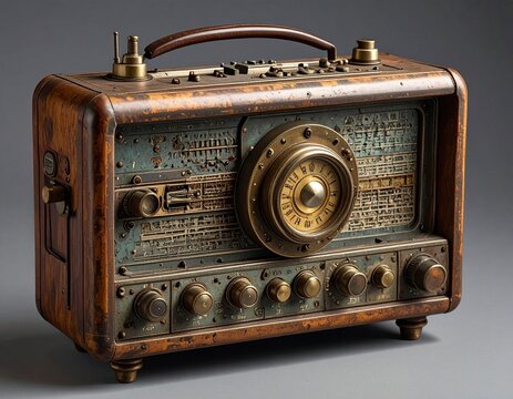 Vintage Steampunk Radio with Brass Details and Wooden Casing