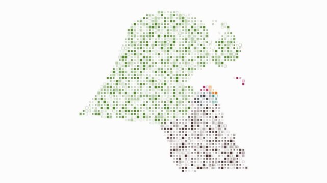 Kuwait animated country shape. Pulsating colored dots on the map of the country. Small size square blocks. Digital style Kuwait map on white background. Artistic animation video.