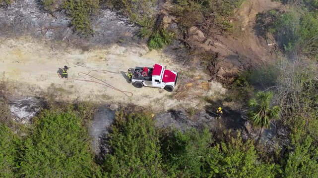 Fire and smoke dominate Florida forest scene during dry season, with firefighters working urgently to extinguish a fast spreading vegetation fire across brittle underbrush.