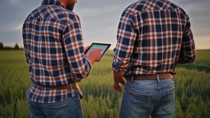 Farmers Using Tablet for Smart Agriculture Inspection Wheat Field Sunset