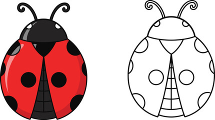 Red Ladybird Beetle Vector Icon and Black Outline Sketch for Coloring Page Isolated on White Background © Jharna