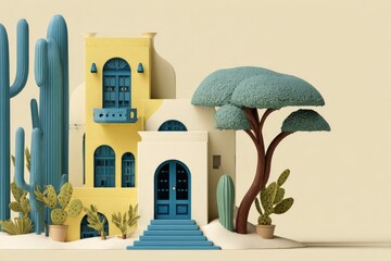 Stylized architectural illustration of a house with cacti and a tree.