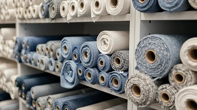 Textile Rolls on Shelves Assorted Blue White Fabrics Store