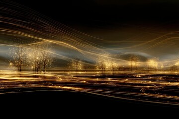 Abstract golden light trails across the night landscape.