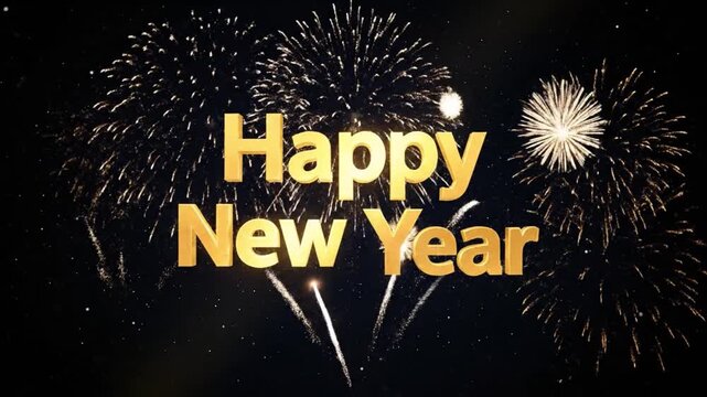 Golden Happy New Year text with sparkling particles on dark background