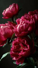 Burgundy Peonies in Bloom, Dark Background and Dramatic Lighting