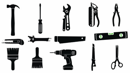 Obraz premium Collection of various hand tools and power tools silhouette.
