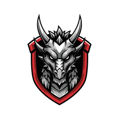 Obraz premium Detailed Dragon Head Emblem with Horns and Red Shield.