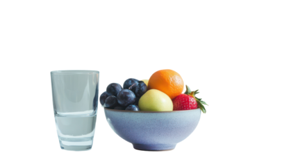 Simple healthy lifestyle concept with fruit bowl and water glass on transparent background