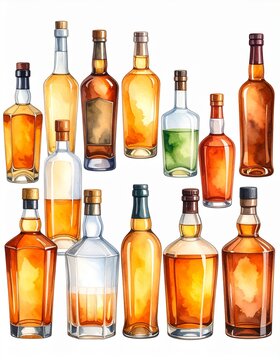Watercolor Collection of Assorted Liquor Bottles