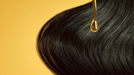 Hair care oil drop. Healthy black hair with oil.