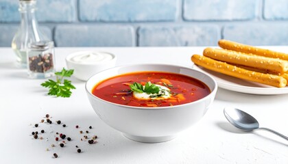 Vibrant red soup in bowl, side dishes, & white table