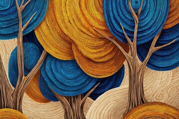Abstract illustration of stylized trees with textured leaves, colorful.