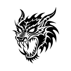 Obraz premium A striking black and white tribal illustration of a fierce dragon head with intricate details and sharp fangs. 