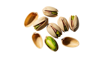Overhead Shot of Pistachios with Green Kernels and Open Shells on a Transparent Background